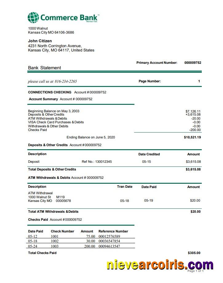 USA Commerce bank proof of address statement in Word and PDF format